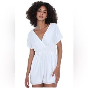 Surplice White V-Neck Romper Short Dolman Sleeves
